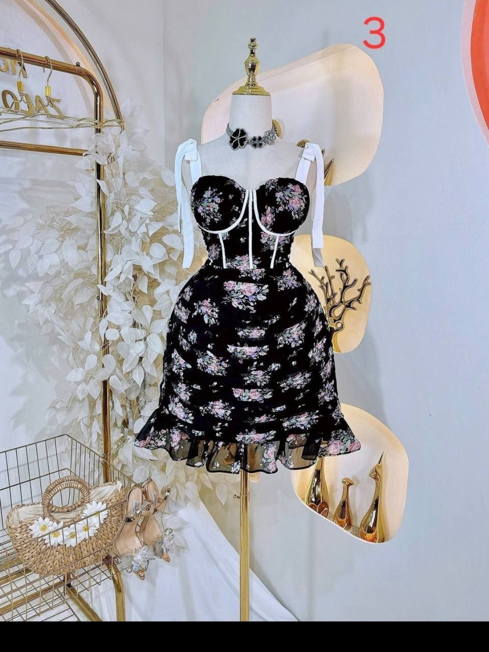 Black Floral Ruffled Mini Dress with White Bow Straps